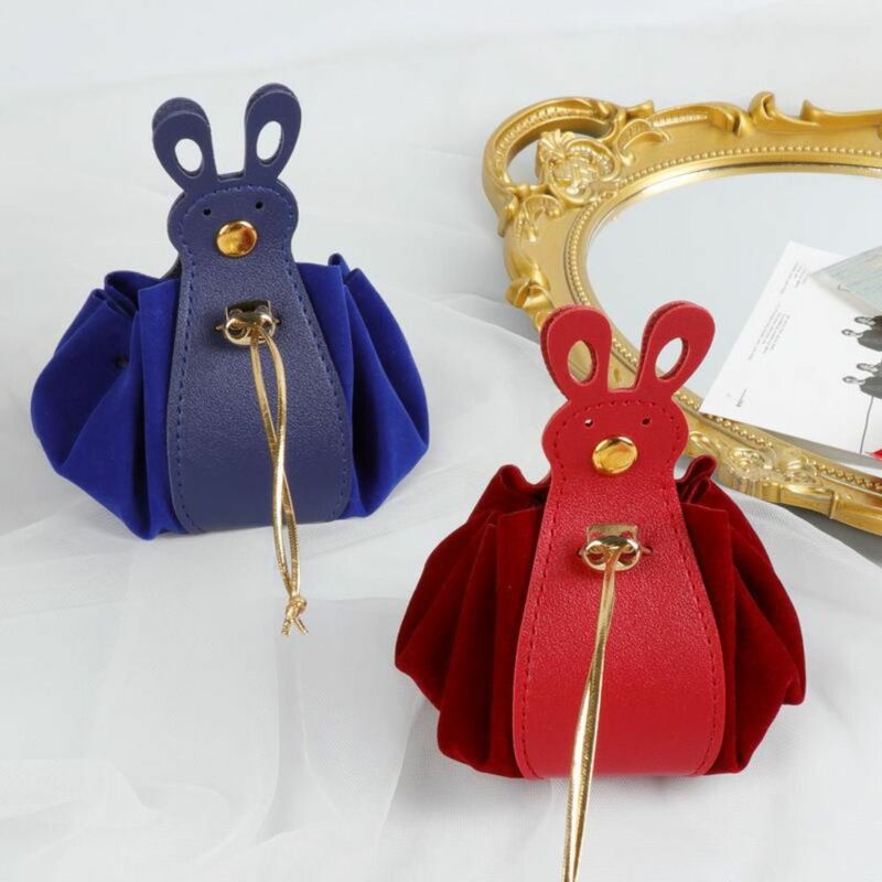 Bolso de cuero PU con cordón de terciopelo, bolsa de almacenamiento de estilo coreano, bolso de mano de oreja de conejo de dibujos animados, bolso de cubo, bolsa de azúcar festiva de Año Nuevo