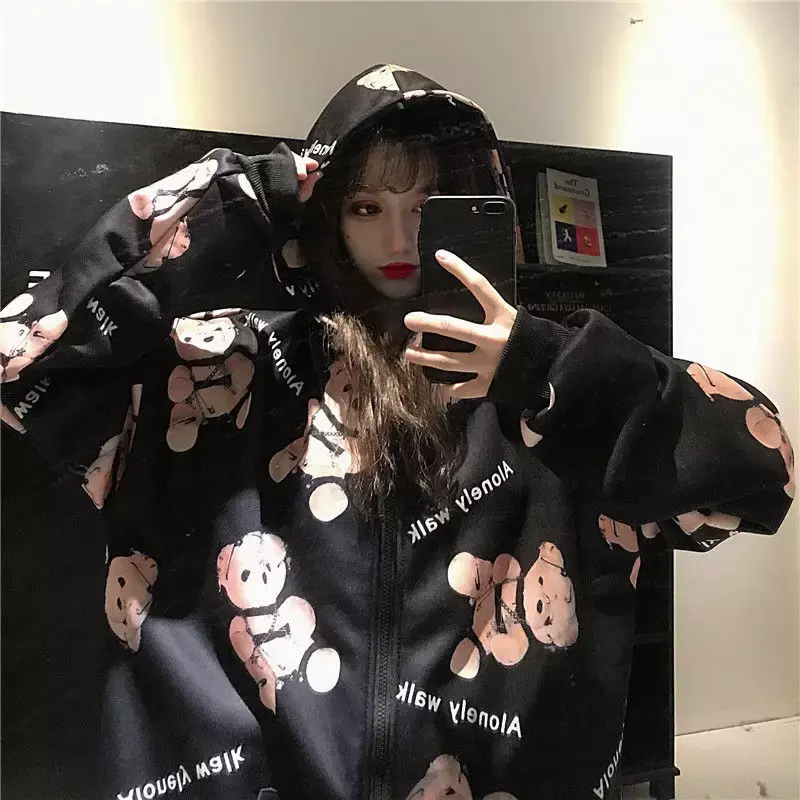 Female bear hooded sweatshirt 2021 spring and autumn new hooded cardigan zipper couple tide brand jacket tide net red clothes