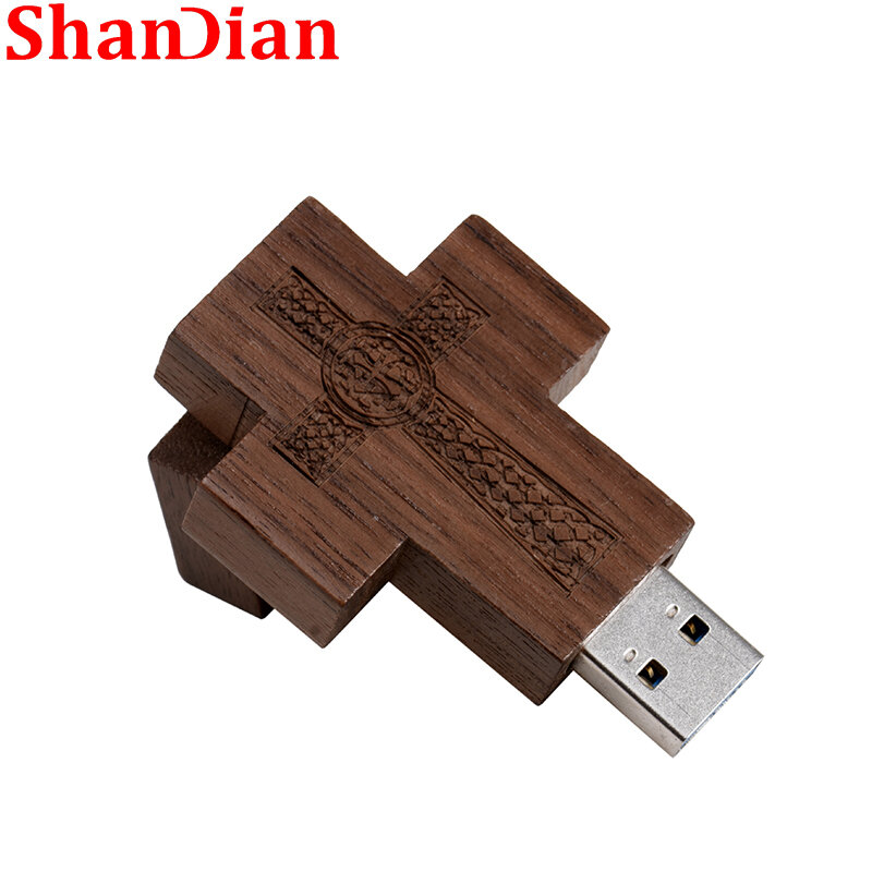 Free Logo 128GB Wooden Cross USB Flash Drive Gift Key Chain Pen drives 64GB Walnut Memory Stick Creative Gift U Disk 32GB 16GB