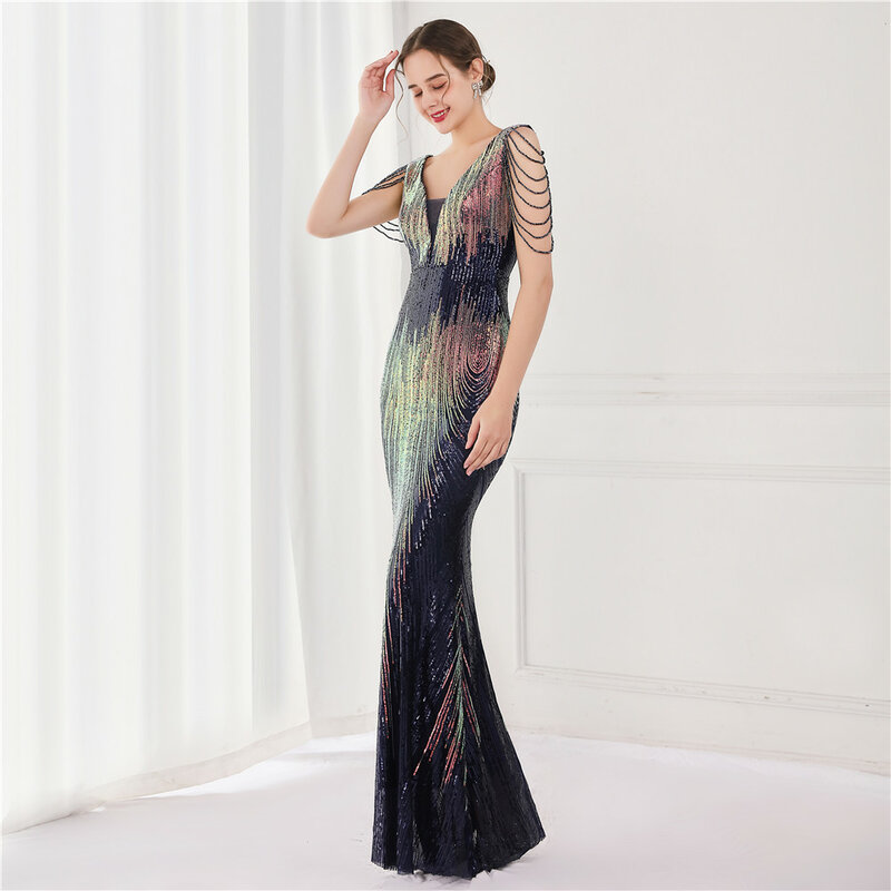 Женское длинное вечернее платье-Русалка с V-образным вырезом и блестками