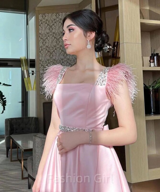Elegant Pink Satin Square Neck Ankle Length Evening Prom Dresses Beadings Feathers Formal Occasion Dress Evening Dress Custom