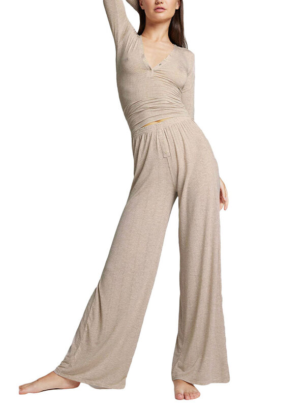 Camiseta feminina elegante de manga comprida com decote em v, calça larga, roupa casual, cintura elástica