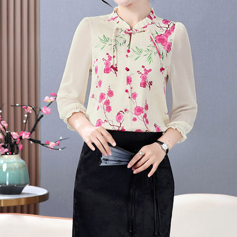 2024 Nieuwe Zomer Elegante Mode Losse Casual Office Lady Retro Chinese Stijl Dames Shirt Print Revers Lange Mouw Chique Tops
