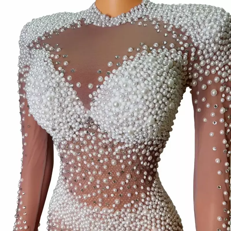 Maniche lunghe prospettiva perle brillanti strass vestito Sexy diviso per le donne abiti da sera per feste costumi da palcoscenico per cantanti