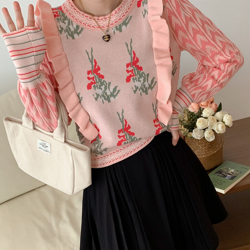 Intage floral plissado blusas de malha pulôveres feminino 2023 outono inverno coreano moda elegante malhas superior jumper sueter mujer