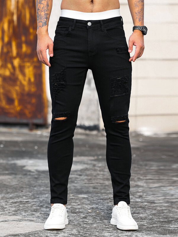 بنطلون جينز رجالي أسود ممزق ضيق موضة ملابس الشارع الشهير بنطلون جينز هيب هوب ضيق غير رسمي للرجال للركض من الجينز Homme