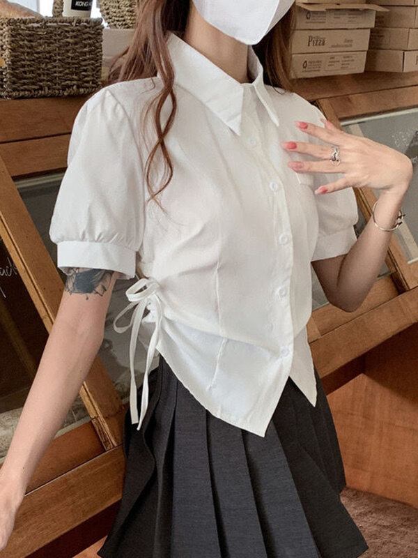Zoki Fashion Shirring Slim Shirt donna Jk manica corta dolce camicetta bianca Casual stile Preppy coreano semplice femminile solido top