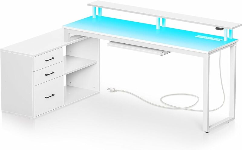 Computer Desk With Drawers And Power Outlet, White Reversible L Shaped Desk With LED Strip & Keyboard Tray, 55 Inch Ho