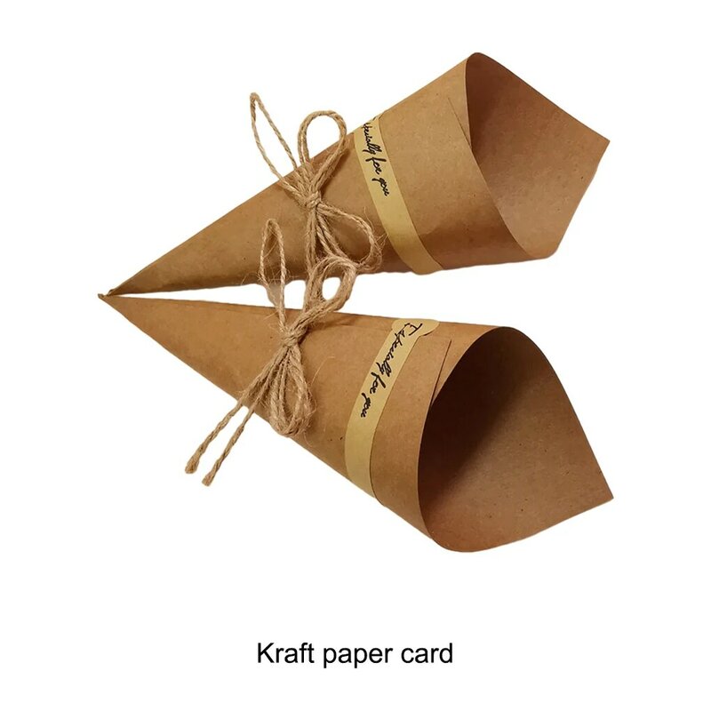 50x Retro Style Kraft Paper Wedding Confetti Cones For DIY Equipped With Ropes Tapes Flower