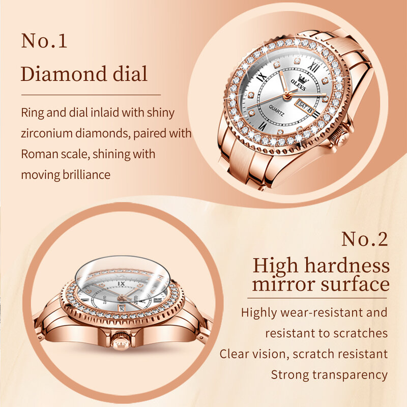 OLEVS 9993 Full Diamond Women's Watches Luxury Elegant Dual Calendar Display Waterproof Stainless steel Quartz Watch for Women