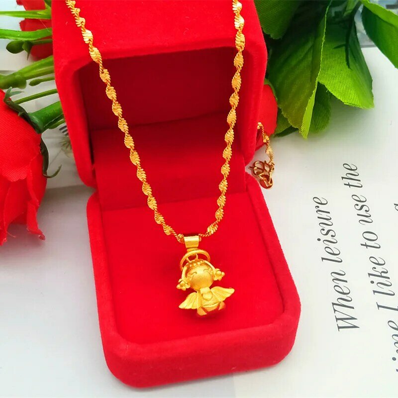 24K Gold Filled Plated Necklace Cute Angel Choker For Ladies Women Jewelry Waterwave Pendant Gifts With Water Ripple Chain