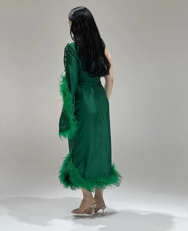 Gaun Prom hijau yang menawan untuk wanita kristal Satu bahu bulu panjang teh gaun acara Formal gaun pesta