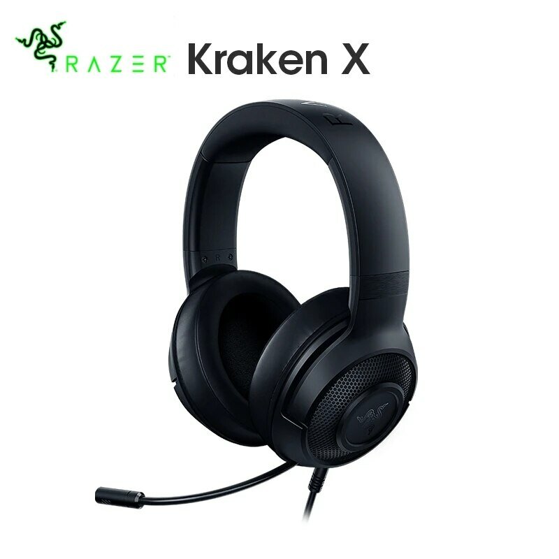 Razer Kraken X Headset Gaming Esensial, Headphone suara Surround 7.1, mikrofon Cardioid dapat ditekuk, Headphone Unit Driver 40mm