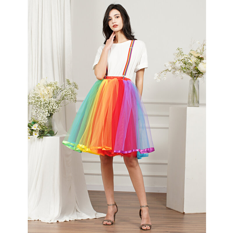 Saia curta arco-íris colorida feminina, elástico alto, 5 camadas, tule tutu macio, saia de crinolina, vestido de baile feminino Prom Party