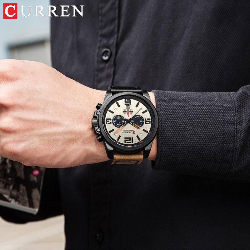 CURREN-Reloj de pulsera deportivo para hombre, cronógrafo de cuarzo y cuero, con fecha, marca superior de lujo, a la moda