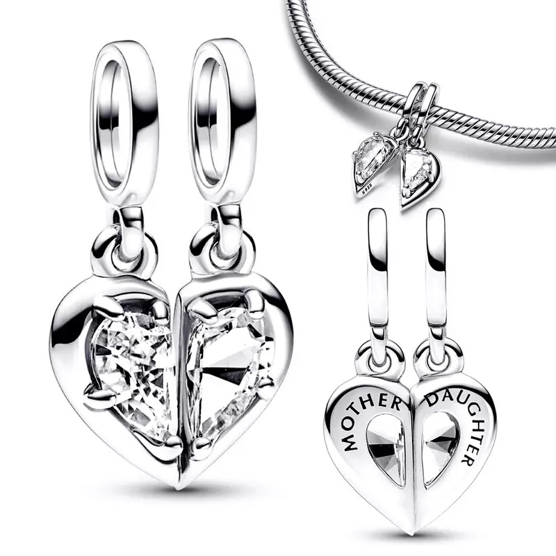 Gelang Pandora wanita, Perhiasan Wanita perak murni 925, gelang Pandora, bandul terbelah hati, ibu & anak perempuan