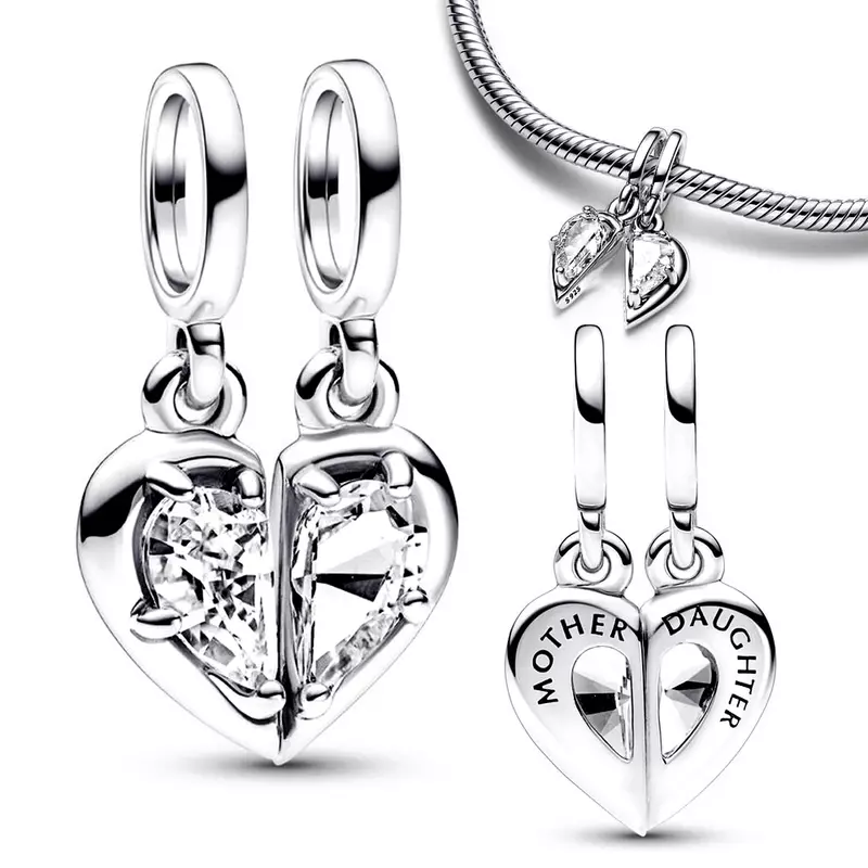 Charme en argent regardé 925 pour bracelet Pandora, ajustement lié, mère et fille, coeurs d'amis, pendentif fendu, cadeau de bijoux, nouveau