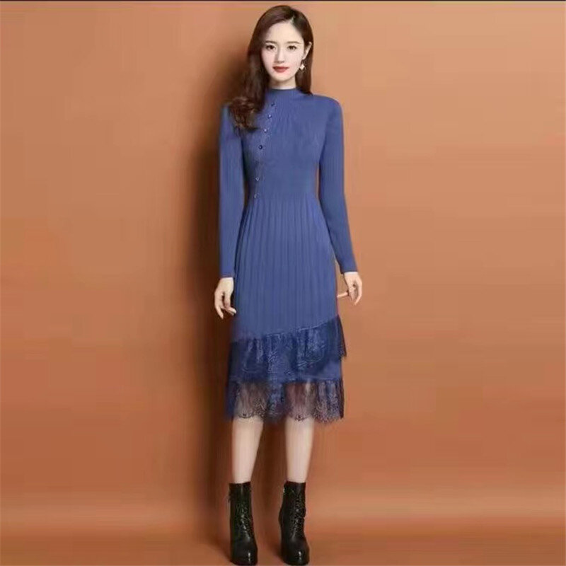 Vintage Knitted Dress Women's Autumn Winter Pullovers New Lace Matching Long Sweater Half High Collar Warm Bottoming Knitwears