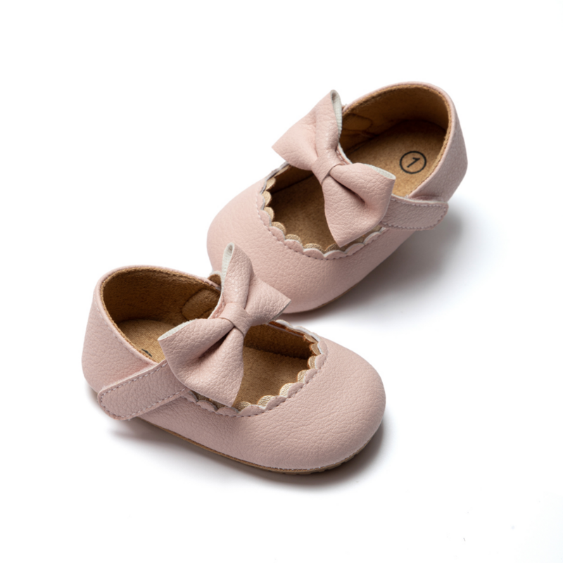 Sepatu kulit PU bayi perempuan baru lahir, sepatu bayi kulit PU sol karet anti selip simpul kupu-kupu, SEPATU pertama berjalan balita bayi