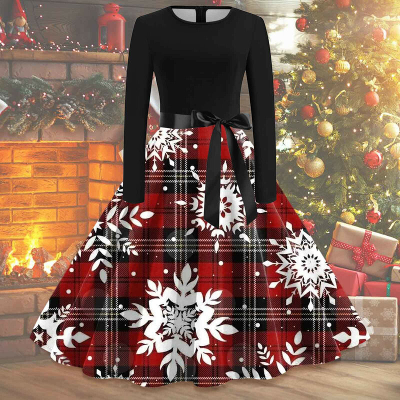 Women Vintage Long Sleeve O Neck Christmas 1950s Housewife Evening Party Prom Party Women Vintage Dress Skater Dress for Women