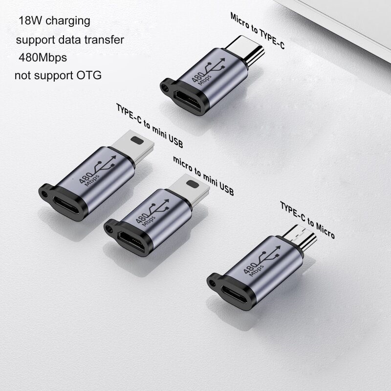 Tipo-C para Micro USB Mini USB adaptador conversor, liga de alumínio conector, 480Mbps, câmera digital, GPS, transporte da gota, 18W