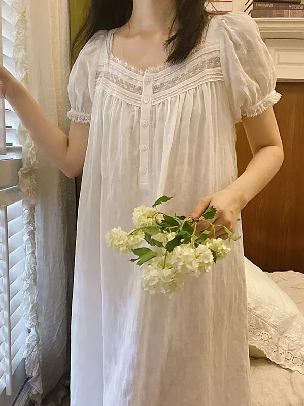 Women Pure Cotton Ruffles Vintage Nightgown Robe Lace Fairy Short Sleeve Victorian Princess Sleepwear Sweet Night Dress Homewear