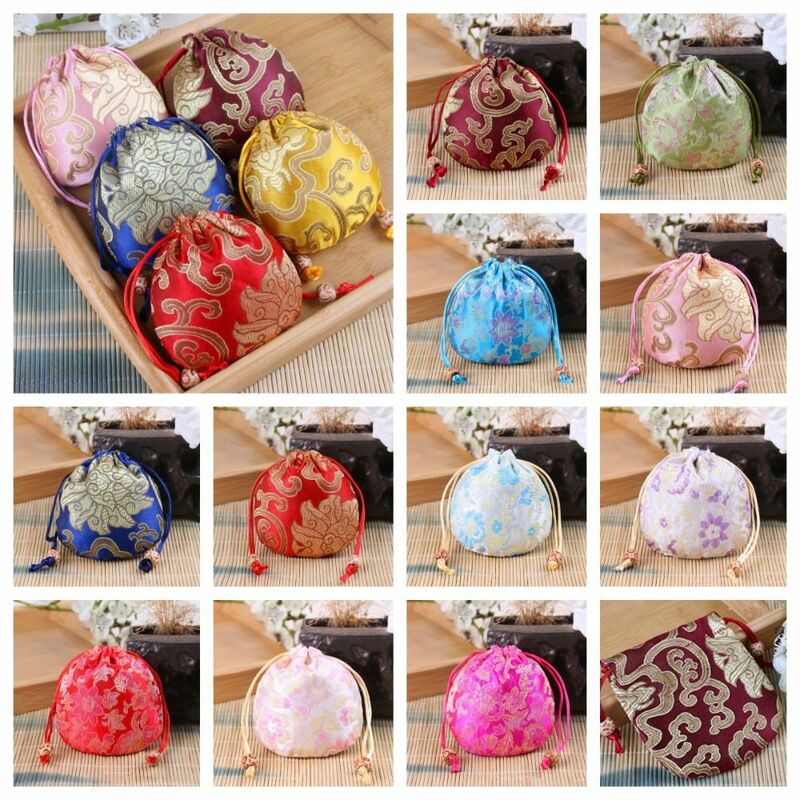 Chinese Style Embroidery Flower Drawstring Bag Beaded Floral Festive Sugar Bag Storage Bag Bucket Bag Small Coin Purse Wallet