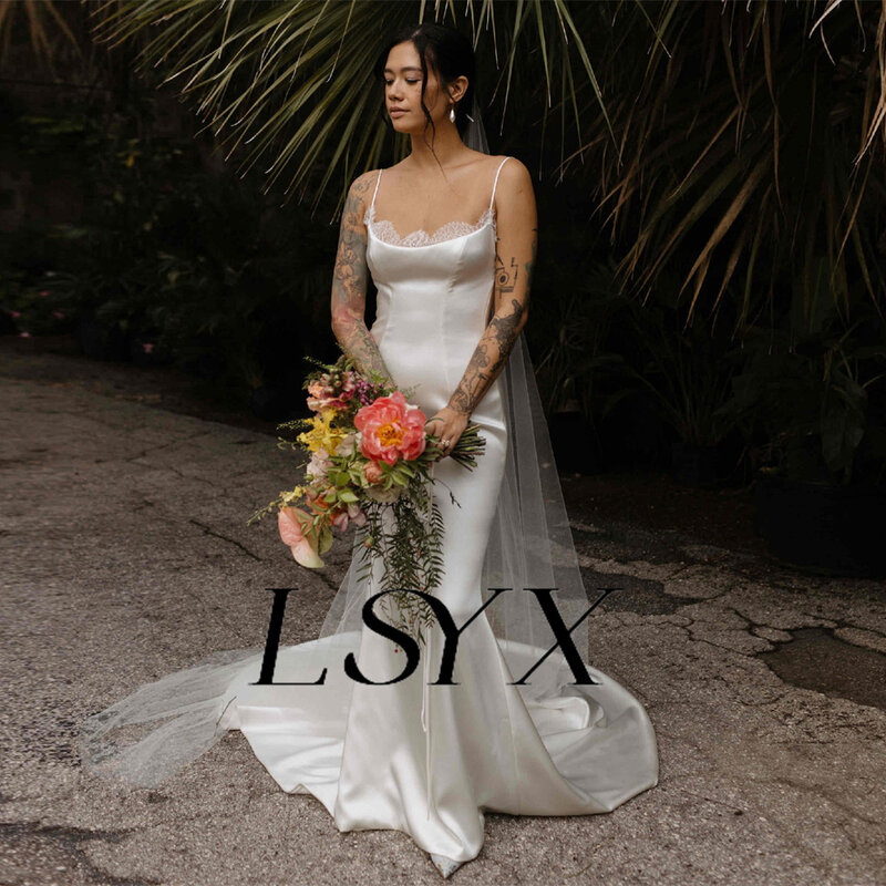 LSYX-vestido de noiva sem mangas Lace Satin Mermaid para mulheres, vestido de noiva com pescoço quadrado, costas abertas, trem tribunal, personalizado
