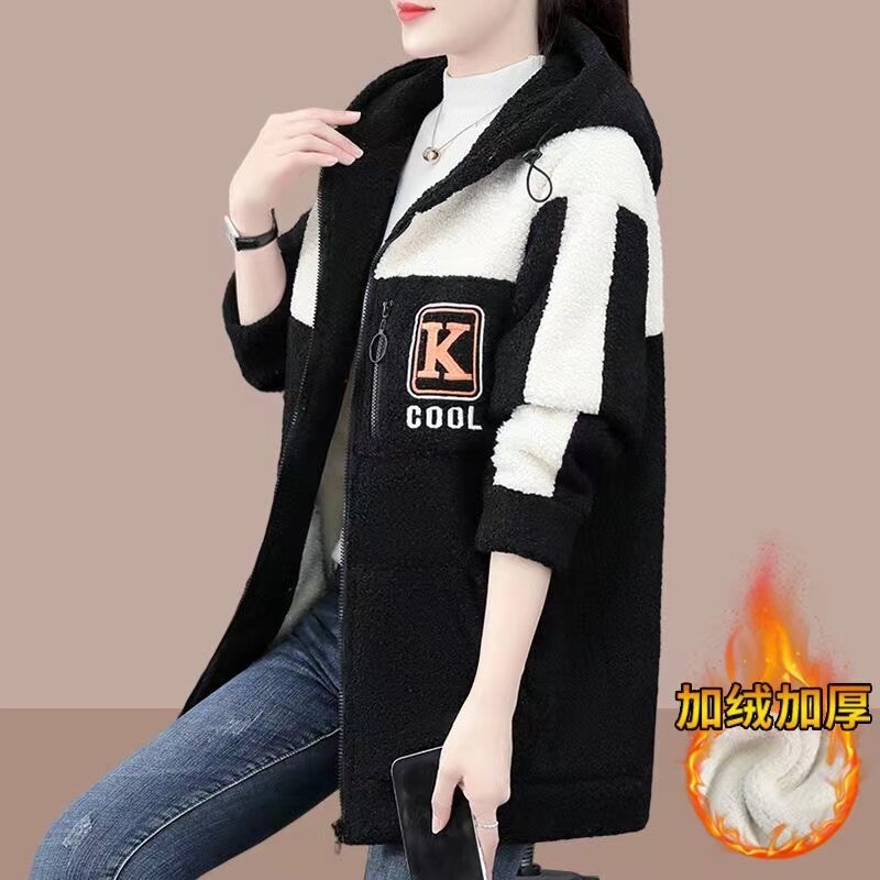 Толстая флисовая верхняя одежда, корейское свободное Женское пальто большого размера, пальто из овечьей шерсти с капюшоном, Женская осенне-зимняя новая куртка 2024