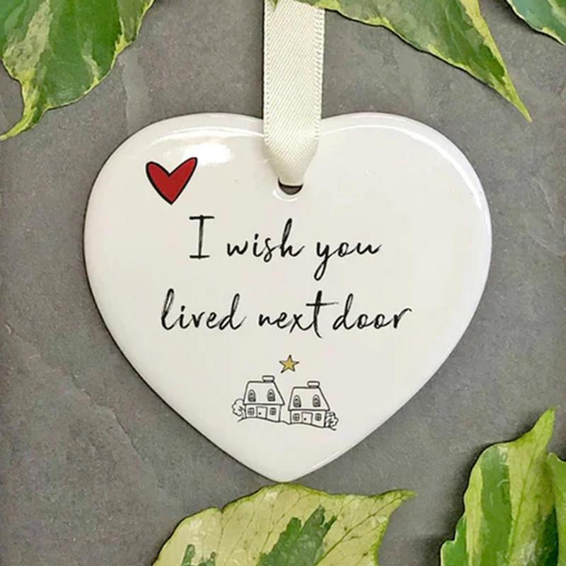 Ornamento in ceramica decorazioni per l'albero di natale I Wish You Lived Next Door Ceramic Heart Ornament Ceramic Heart Ornament Sign For Table