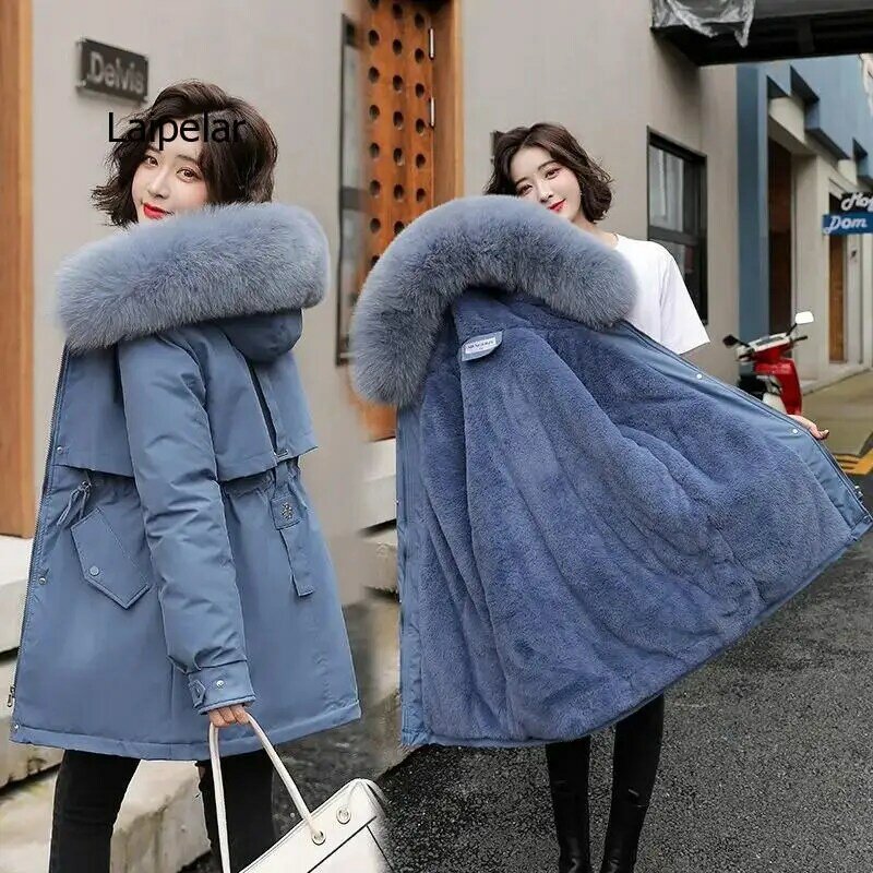 Chaqueta larga con forro de lana para mujer, Parka ajustada con cuello de piel, ropa cálida acolchada para la nieve, invierno, 2022