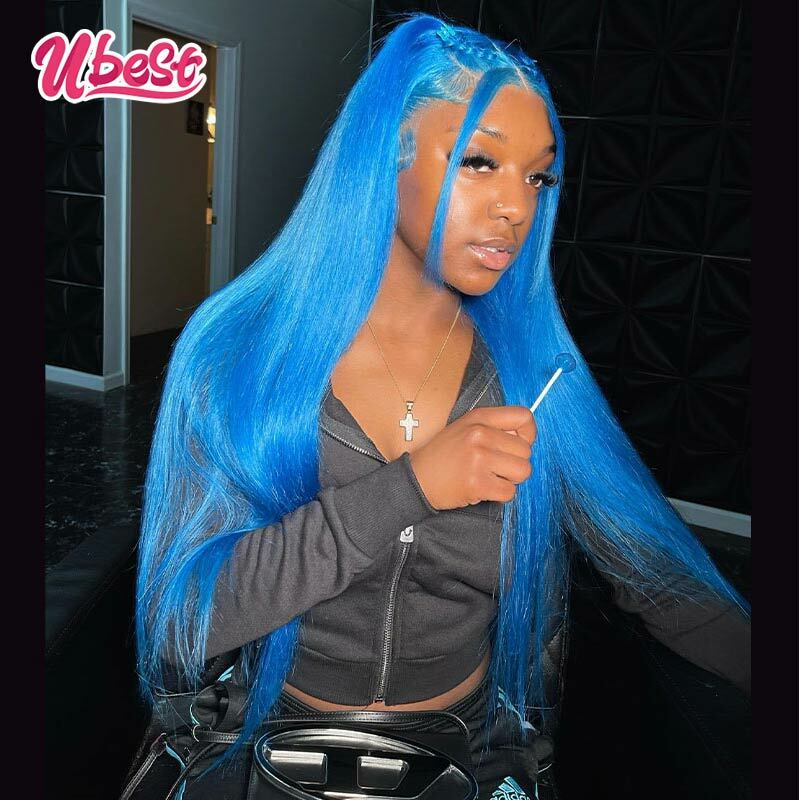 Peluca de cabello humano liso para mujer, postizo de encaje Frontal transparente de 13x6, color azul, 613