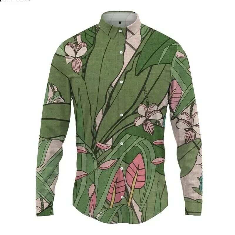 Camisa havaiana de manga comprida masculina, impressão 3D vegetal, tops casuais de lapela de botão, roupas masculinas, moda primavera e outono