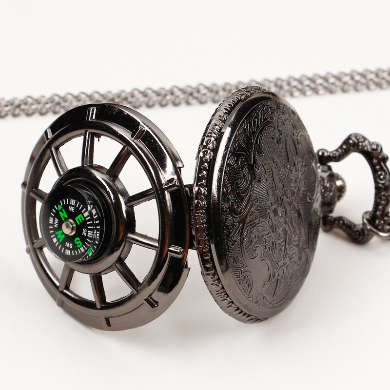 Vintage Black Compass Pocket Watch Cool Black Necklace Quartz Pocket Watches Pendant Gift for Men Women CF1382
