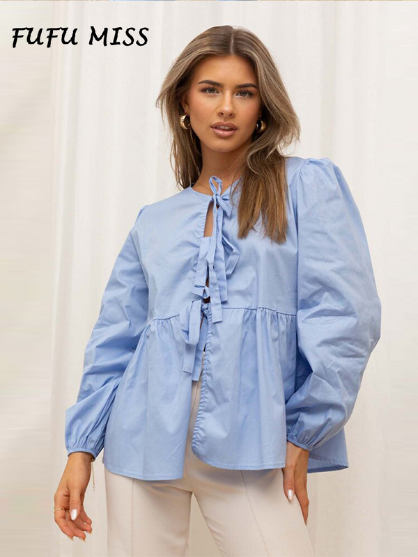 레오파드 무늬 활 상의 여성용 캐주얼 긴팔 O-넥 루즈 셔츠, 2024 봄 여름 패션, 할로우 아웃 레이디 셔츠