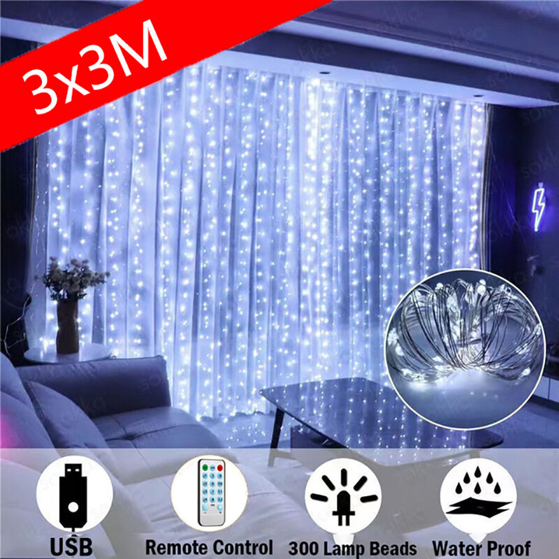 LED Garland Curtain Lights 8 modalità telecomando USB 3m Fairy Lights String per decorazioni natalizie Home Wedding Holiday Party Lamp