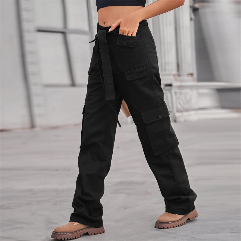 2022 moda nova laço-up macacão feminino multi-bolso cor sólida denim calças femininas rua casual algodão calças de brim retas