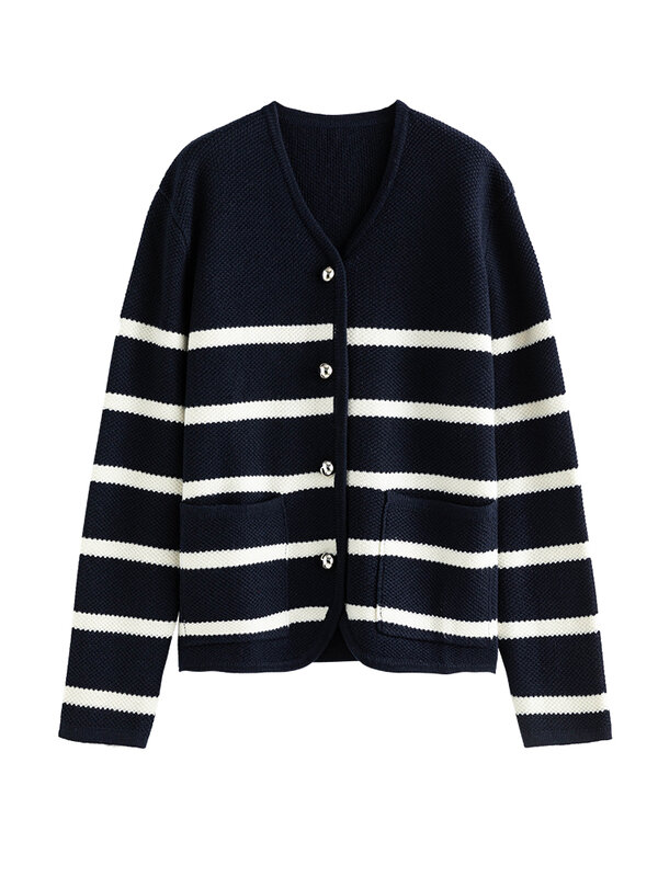 DUSHU 7.9% Wool Women Contrast Color Striped Knitted Cardigan Winter New V-Neck Drop Sleeve Short Commuter Tops Women Cardigan