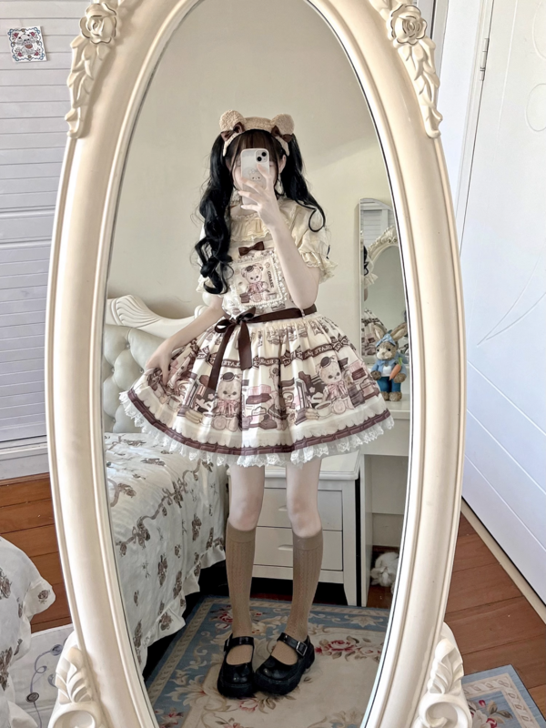 빅토리아 스위트 로리타 Jsk 드레스, 소프트 베어 만화, 귀여운 프린트 스트랩 드레스, 일본 소녀, 카와이 파티 멜빵 드레스, 여름