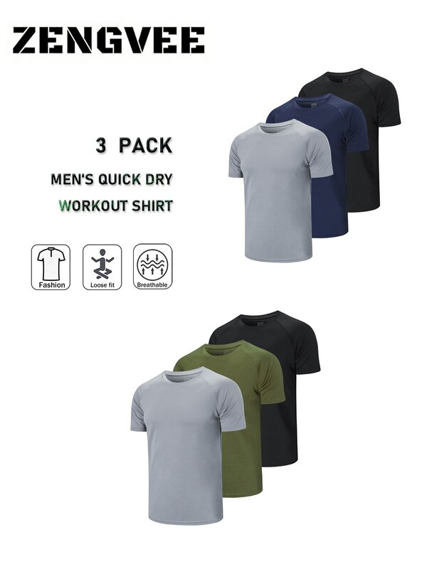 Zengveeメンズランニングシャツ3パック,ワークアウトトップス男性スポーツフィットネスシャツジムトップス男性クルーネック通気性Tシャツ