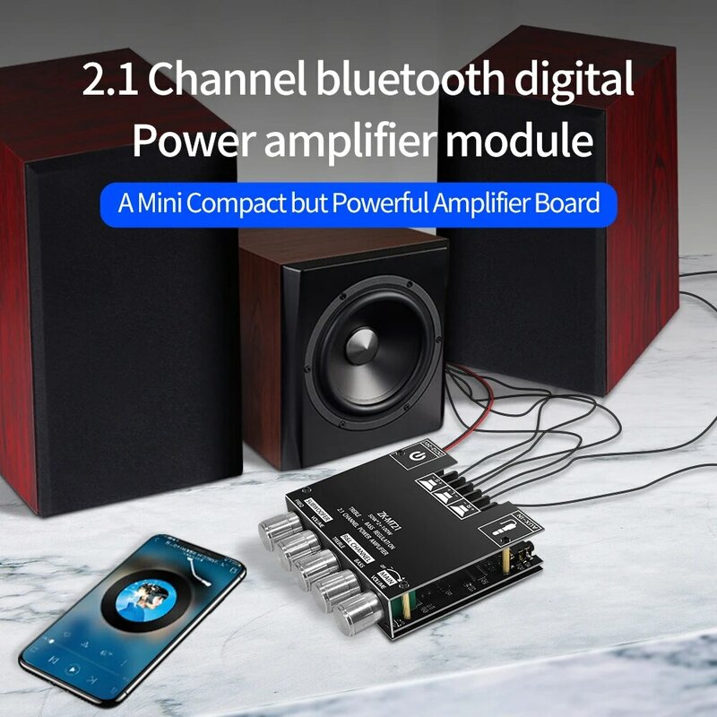 ZK-MT21 Placa Amplificadora Subwoofer, Áudio Estéreo, Bluetooth 5.0, CS8673E, 2.1, 50W x 2 + 100W, Potência, Bass, AMP, AUX