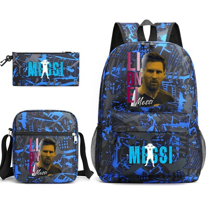 Messi-mochila escolar con estampado para estudiantes, conjunto de 3 piezas, bolso de lápiz, bolso de hombro, adecuado para niños y niñas