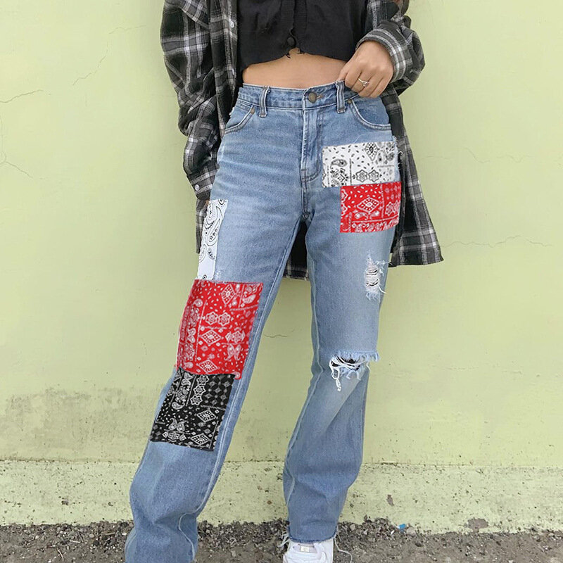 2023 nowa modna moda uliczna Bandana patchworkowa spodnie dżinsowe z dziurami jeansy damskie modne proste spodnie jeansowe z wysokim stanem