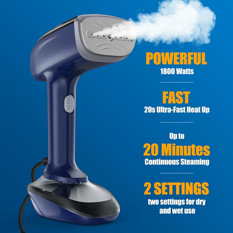 Powerful Handheld Fabric Steamer - 1800W with Fast Ceramic Heat-Up Plate, 2-in-1 Ironing & Wrinkle Remover, Steam Nozzle