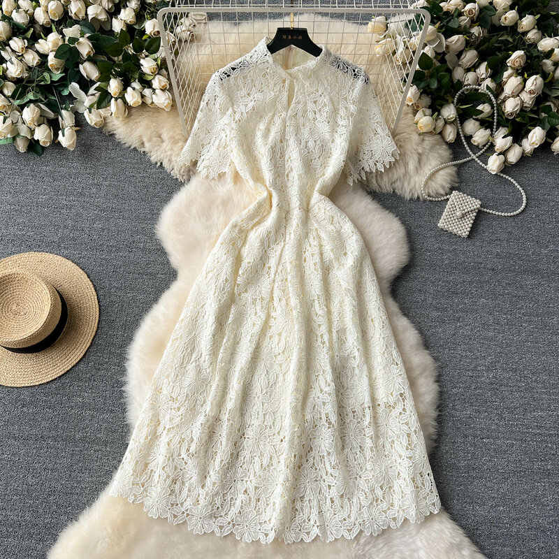 Gaun renda lengan pendek leher O Manis Vintage Perancis gaun kasual A-Line wanita elegan modis gaun pantai musim panas