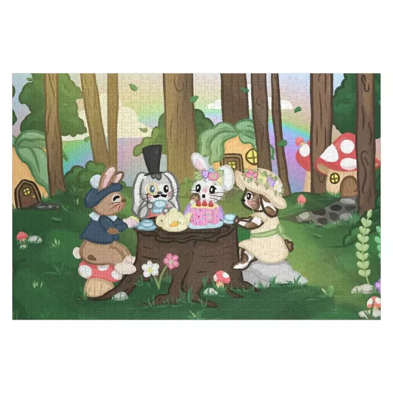 Custom Wood Bunny Jigsaw Puzzle para crianças, Cute Tea Party