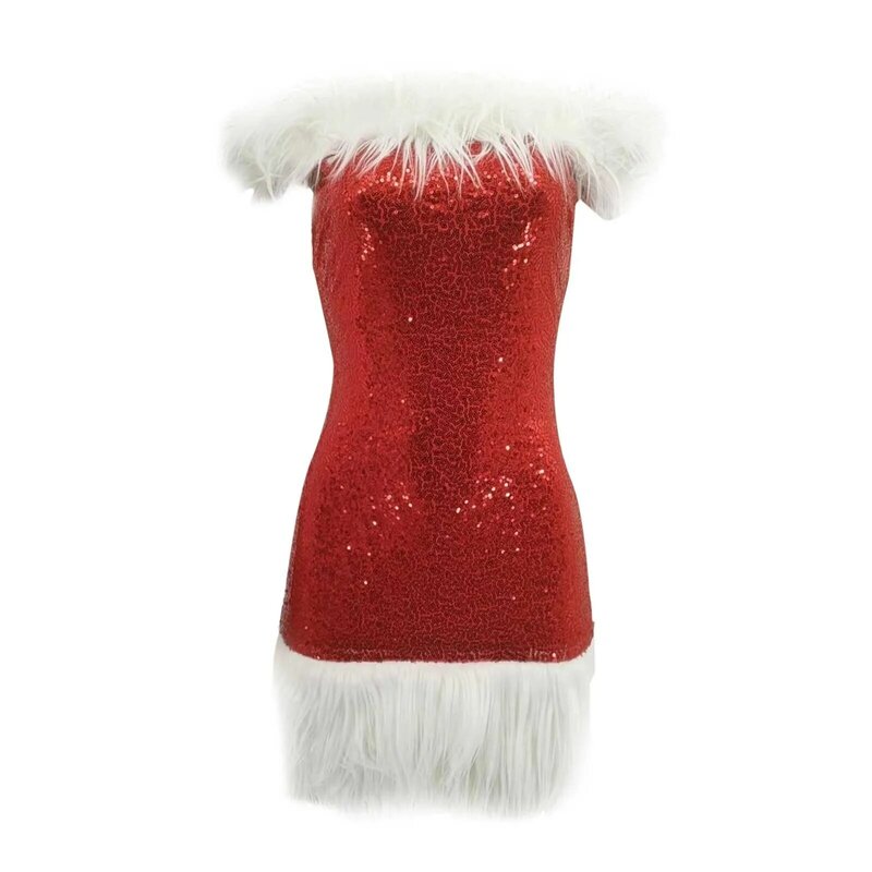 Robe de Noël à paillettes pour femme, robe de soirée élégante, hanche mince, mini robe ronde avec plume en peluche floue, automne 2024