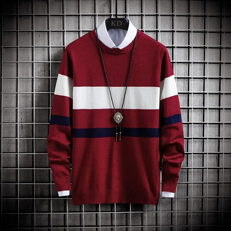 Fashion O-Neck Spliced Loose Korean Color Sweater Men's Clothing 2023 Winter New Casual Pullovers All-match Long Sleeve Tops