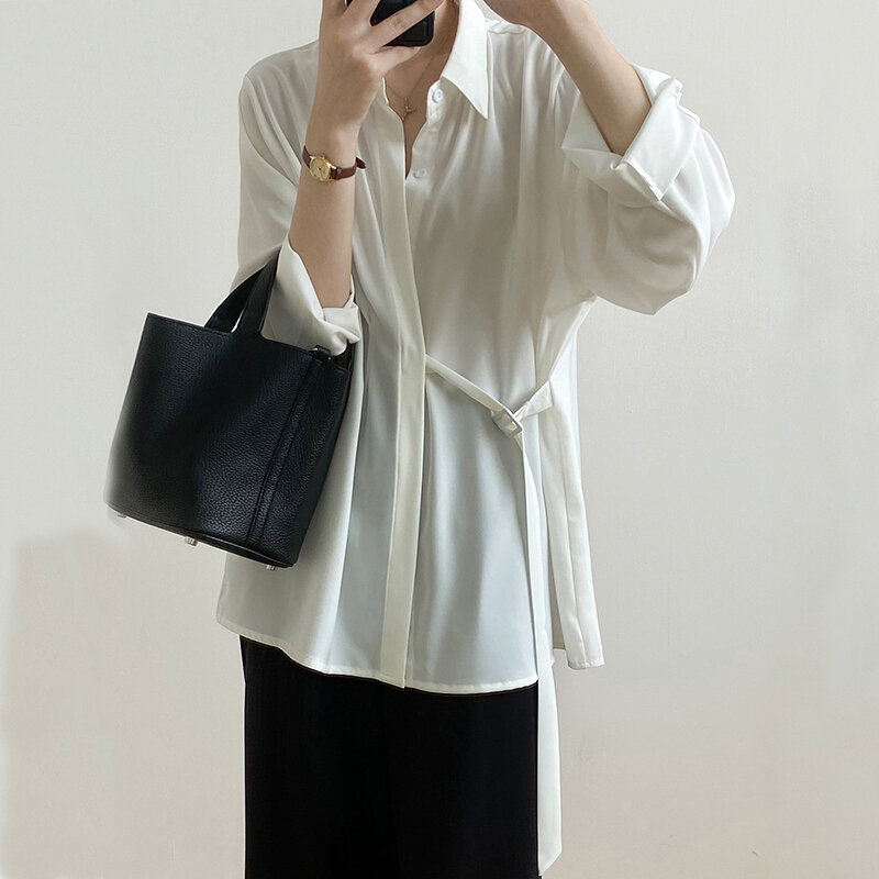 Blusa de cordões coreana para mulheres, camisa elegante com lapela, cor sólida, manga longa, botão, moda, nova