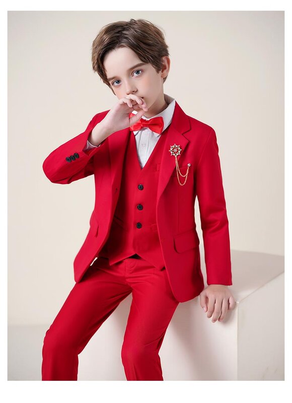 Red Skinny Photography Suit para crianças, jaqueta, colete, calças, gravata borboleta, traje de cerimônia, aniversário infantil, vestido de casamento, meninos, 4pcs